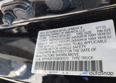 2025 Honda Ridgeline Rtl z USA, uszkodzony, nr VIN 5FPYK3F53SB043373